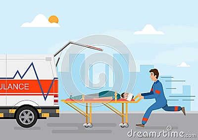 ambulance medical service carrying patient with man staff Vector Illustration