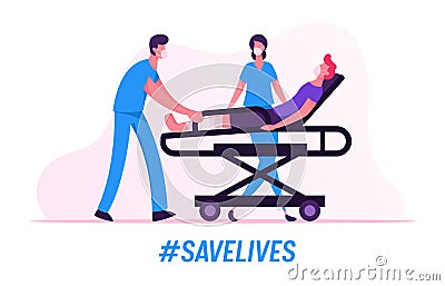 Ambulance Medical Staff Service Occupation. Medics in Protective Masks Transporting Patient with Broken Leg to Hospital Vector Illustration