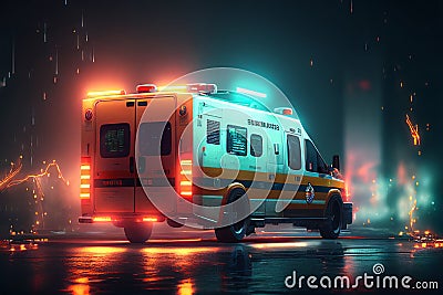 Ambulance at Night Driving Through a Fire Cartoon Illustration