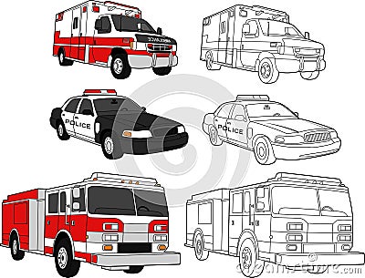 Ambulance, Police Car, Fire Engine Vector Illustration