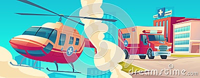 Ambulance service, medical helicopter and car Vector Illustration