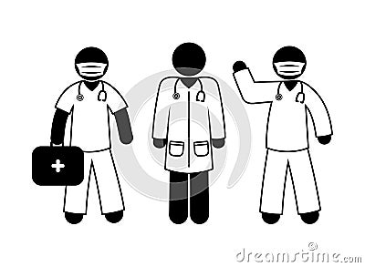 Ambulance team, paramedics stick figure, isolated silhouettes of doctors on a white background, stickman in the uniform Vector Illustration