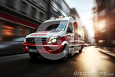 Ambulance van in high speed motion driving down city street Stock Photo