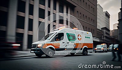 Ambulance Van on a wide city street. White emergency vehicle with warning lights and siren moving fast an avenue Stock Photo