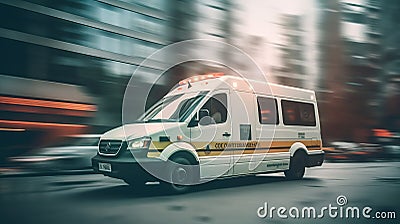 Ambulance Van on a wide city street. White emergency vehicle with warning lights and siren moving fast an avenue. AI Stock Photo