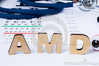 AMD Abbreviation or acronym of age-related macular degeneration - eye problem in older persons. Word AMD is on foreground near eye Stock Photo