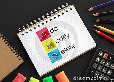AMD - Add, Modify, Delete acronym on notepad, business concept background Stock Photo