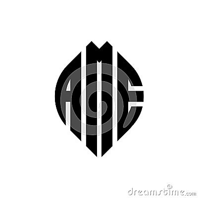 AME circle letter logo design with circle and ellipse shape. AME ellipse letters with typographic style. The three initials form a Vector Illustration