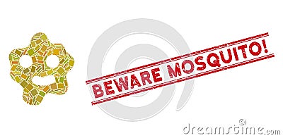 Ameba Mosaic and Distress Beware Mosquito! Watermark with Lines Vector Illustration