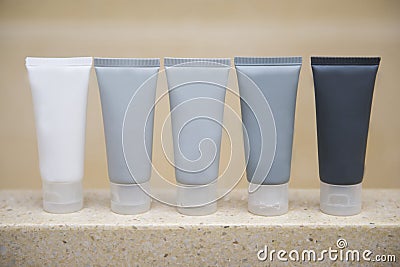 Amenity set in bathroom Stock Photo