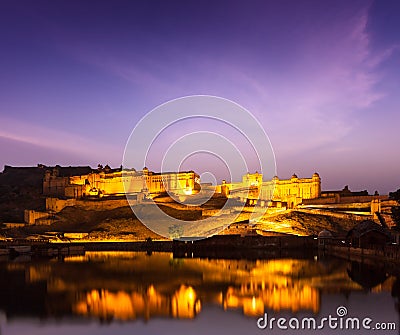 Amer Fort (Amber Fort) at night in twilight. Jaipur, Rajastan, Stock Photo