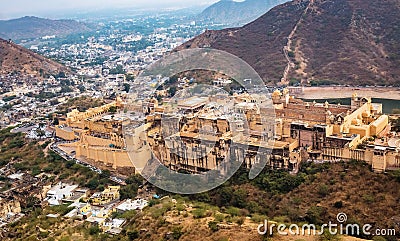 Amer Fort with Jaipur cityscape in aerial view as seen from Jaigarh Fort at Rajasthan, India Stock Photo