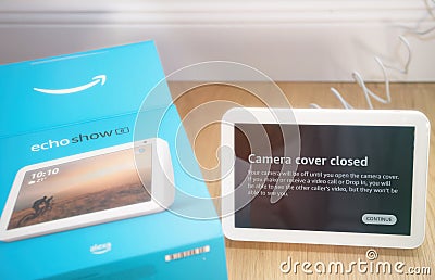 amera cover closed message on the new Amazon Echo Show 8 IOT personal smart Editorial Stock Photo