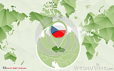America centric world map with magnified Czech Republic map Vector Illustration