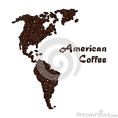 America continent made from coffee beans. American coffee lettering. Vector Illustration