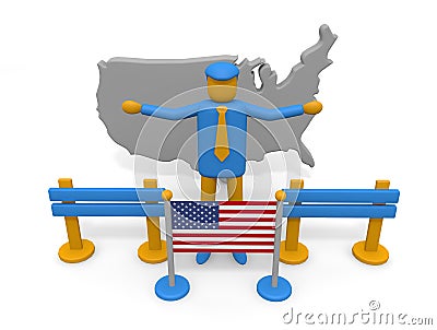 America making barricades. You cannot enter the United States. A person who spreads both hands and represents a stop. American Stock Photo