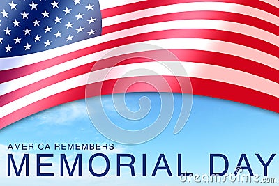 an america remembers memorial red white blue flag day sign poster celebration card text and clouds Stock Photo
