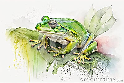 The Americal Green Tree Frog, Style of Watercolor Pencils, AI generative Cartoon Illustration