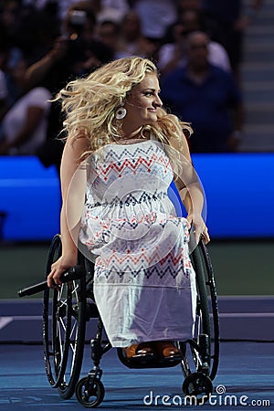 American actress and singer Ali Stroker performs the National Anthem on Opening Night at the 2019 US Open Editorial Stock Photo