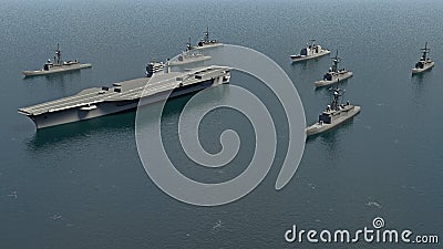 American Aircraft Carrier with destroyers and a cruiser in the Pacific Ocean towards North KoreaÃ¬ Stock Photo