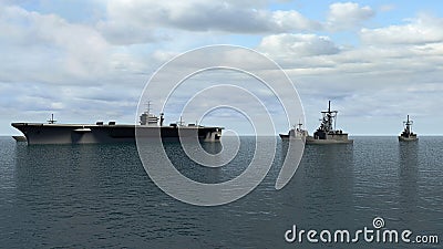 American Aircraft Carrier with destroyers and a cruiser in the Pacific Ocean towards North KoreaÃ¬ Stock Photo