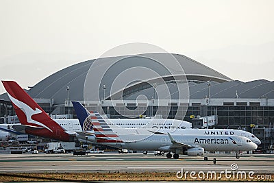 American Airlines, United and Qantas A380 in LAX, Los Angeles Airport Editorial Stock Photo