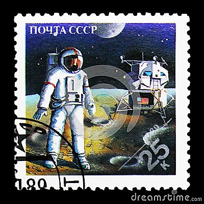 American astronaut on Moon, Space achievements serie, circa 1989 Editorial Stock Photo