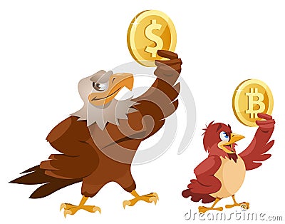 American Bald eagle holding dollar symbol and sparrow holding bi Vector Illustration