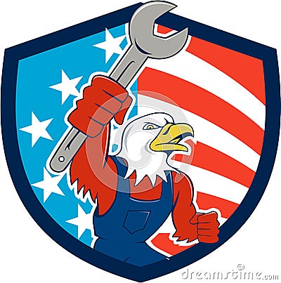American Bald Eagle Mechanic Spanner USA Flag Shield Cartoon Vector Illustration