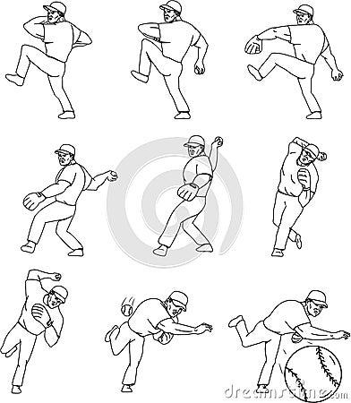 American Baseball Pitcher Throwing Ball Complete Set Vector Illustration