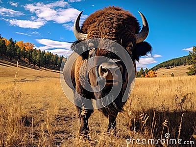 American Bison Buffalo Bull in Custer Park Cartoon Illustration