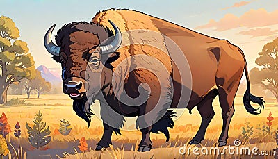 American Bison plains Buffalo bovid large animal Yellowstone Cartoon Illustration