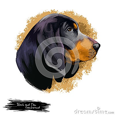 American Black and Tan Coonhound dog digital art illustration isolated on white background. American origin large scenthound dog. Cartoon Illustration