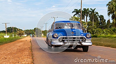 American blue classic car on the road in cuba Editorial Stock Photo