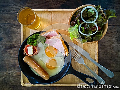 American breakfast with salad and apple juice at resort thailand. Stock Photo
