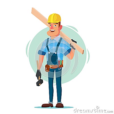 Timber Frame House Construction Worker Vector. Construction Worker On Framing A Building. Isolated Flat Cartoon Vector Illustration