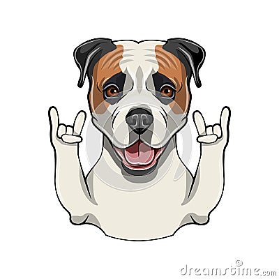 American Bulldog dog. Horns, Rock gesture. Dog portrait. American bulldog portrait. Vector. Vector Illustration