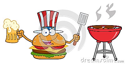 American Burger Cartoon Mascot Character Holding A Beer And Bbq Slotted Spatula By A Grill Vector Illustration