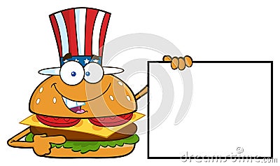 American Burger Cartoon Mascot Character Pointing To A Blank Sign Banner Vector Illustration