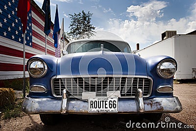 American car and flag USA on route 66 Stock Photo