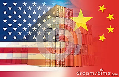 The American and Chinese flags imposed over containers representing trade between the two countries Stock Photo