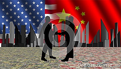 American chinese meeting with skyline currency Cartoon Illustration