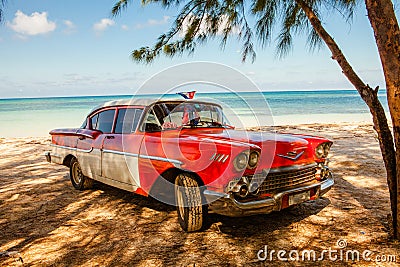 American classic car on the beach Cayo Jutias, Cuba Editorial Stock Photo