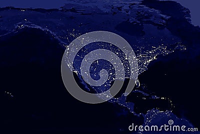 American continent electric lights map at night. City lights. Map of North and Central America. View from outer space Stock Photo