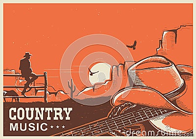 American country music poster with cowboy hat and guitar on land Vector Illustration