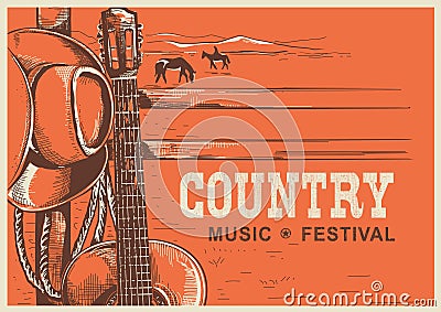 American country music poster with cowboy hat and guitar Vector Illustration