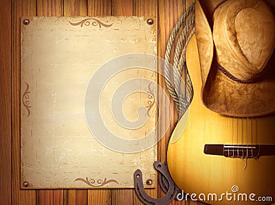 American Country music poster.Wood background with guitar Stock Photo