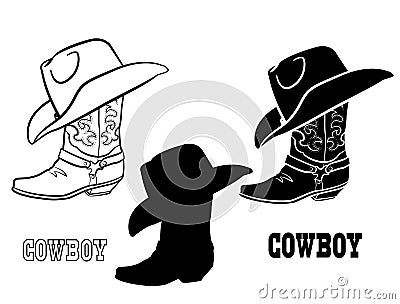 American Cowboy boots and hat. Vector set graphic illustration of western cloth isolated on white Vector Illustration