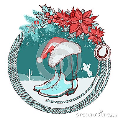 American cowboy boots and Santa red hat on Christm Vector Illustration