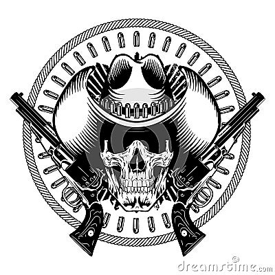 American cowboy design. Skull in cowboy hat, two crossed gun and bullets Vector Illustration